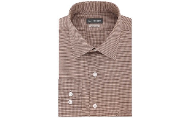  Men’s Classic-Fit Micro Houndstooth Dress Shirt (Deep Khaki)