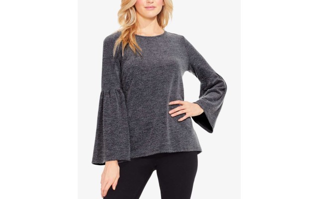  Bell Sleeve Brushed Fleece Top (Gray, L)