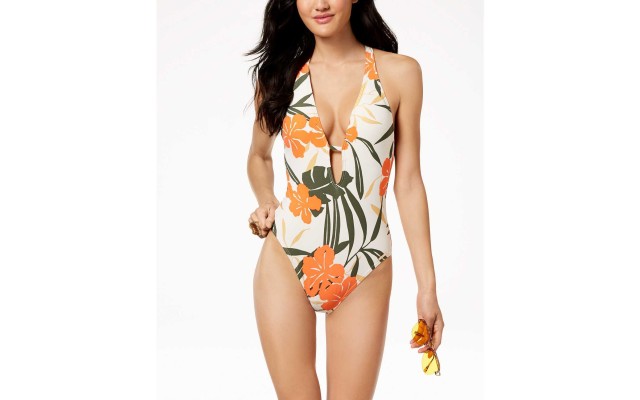  Printed Plunging Strappy-Back Cheeky One-Piece Swimsuit (White, 14)
