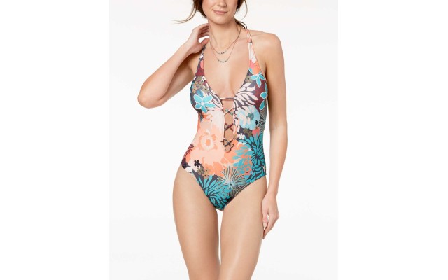  Printed Strappy Plunging One-Piece Swimsuit (Brown/Blue, 14)