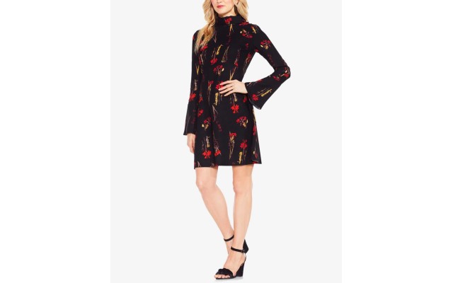  Women’s Fold-Over Collar Botanical Flare Dress (Rich Black, 14)