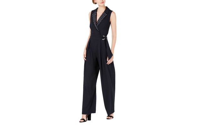  Juniors’ Embellished Belted Jumpsuit (Black/White, XS)