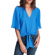 1.state Flounce-sleeve Tie-front Top (Blue, Small)