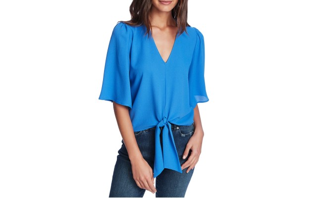  Flounce-sleeve Tie-front Top (Blue, Small)