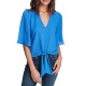  Flounce-sleeve Tie-front Top (Blue, Small)