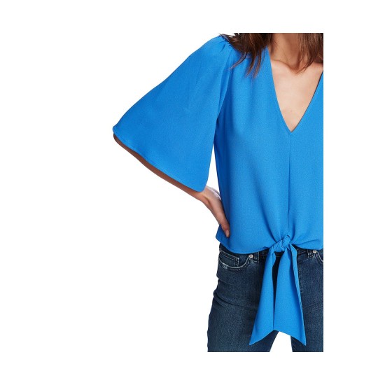  Flounce-sleeve Tie-front Top (Blue, Small)
