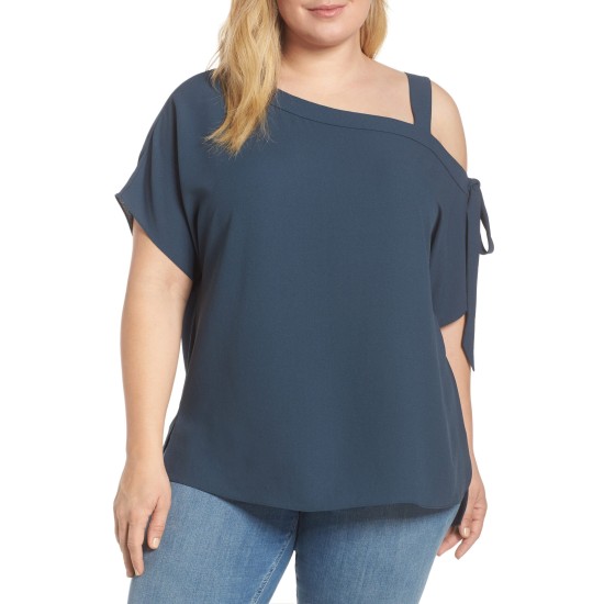  Plus Size One-Shoulder Bow Top Midnight Sky-3X