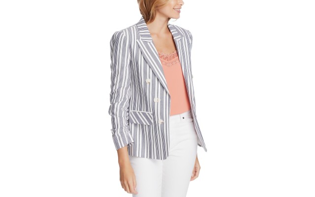  Striped Ruched-Sleeve Blazer (Natural), Natural, Large