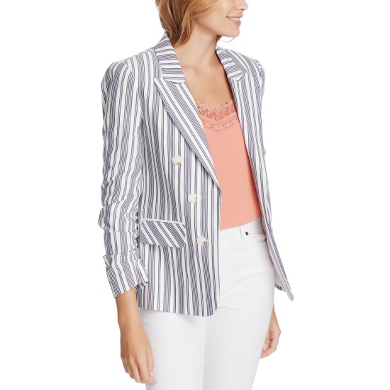  Striped Ruched-Sleeve Blazer (Natural), Natural, X-Small