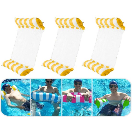 3 Pack Premium Inflatable Aqua Portable Summer Water Hammock Bed, Chair, Lounger Float for Adults, 3 x Yellow