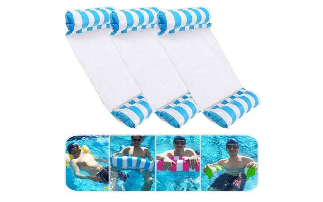 3 Pack Premium Inflatable Aqua Portable Summer Water Hammock Bed, Chair, Lounger Float for Adults, 3 x Blue