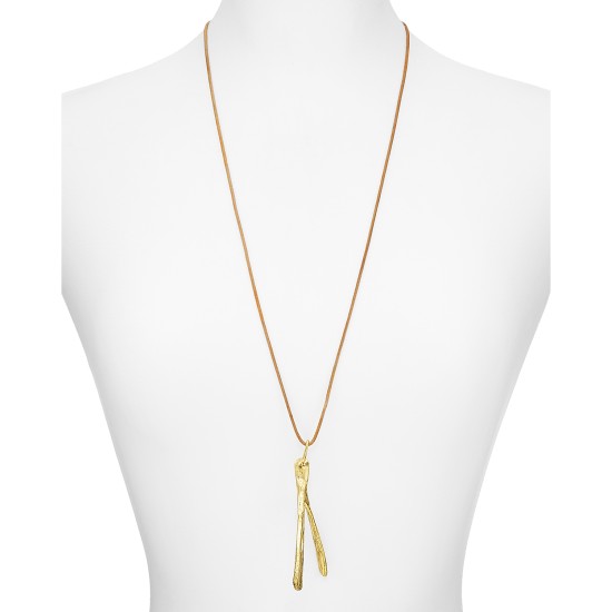  Leather Wishbone Pendant Necklace, Gold,30″