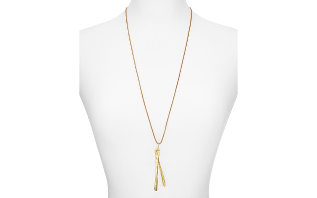  Leather Wishbone Pendant Necklace, Gold,30″