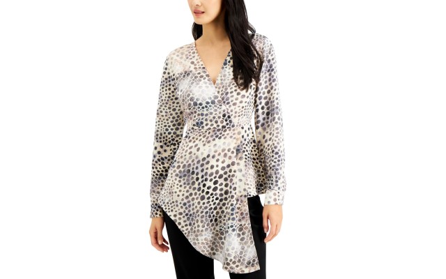  Animal-Print Surplice Blouse (Beige), Beige, 2X-Large