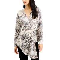 Alfani Animal-Print Surplice Blouse (Beige), Beige, Small