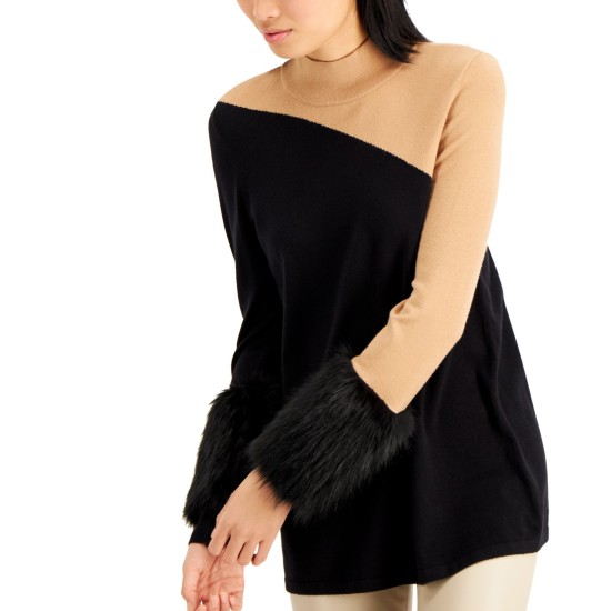  Colorblocked Sweater With Faux-Fur Cuffs, Beige/Black, Large