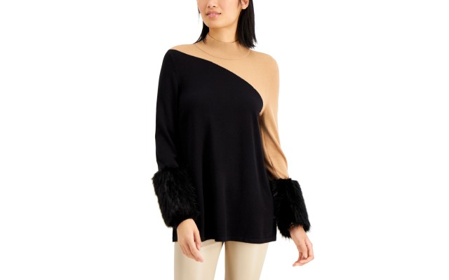  Colorblocked Sweater With Faux-Fur Cuffs, Beige/Black, Medium