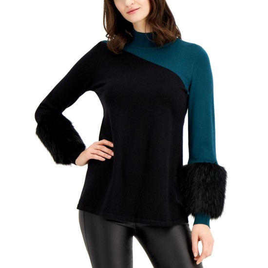  Colorblocked Sweater With Faux-Fur Cuffs, Teal/Black, Large