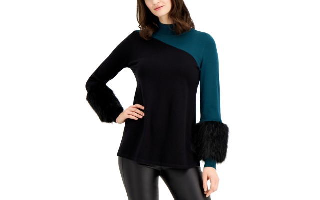  Colorblocked Sweater With Faux-Fur Cuffs, Teal/Black, Large