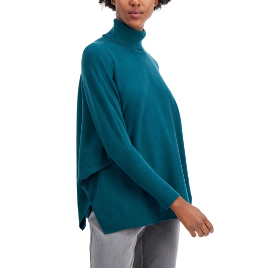  Drop-Shoulder Turtleneck Sweater, Teal Motif, Small