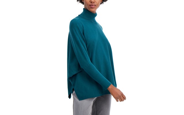  Drop-Shoulder Turtleneck Sweater, Teal Motif, Small