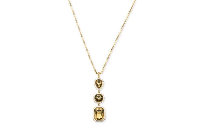  Gold-Tone Triple Crystal Pendant Necklace, 34″ + 2″ extender (Yellow)