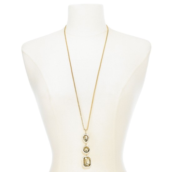  Gold-Tone Triple Crystal Pendant Necklace, 34″ + 2″ extender (Yellow)