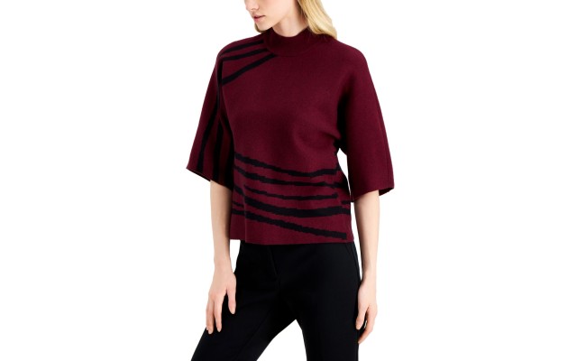  Kimono-Print Sweater, Plum Heather/Black, Medium