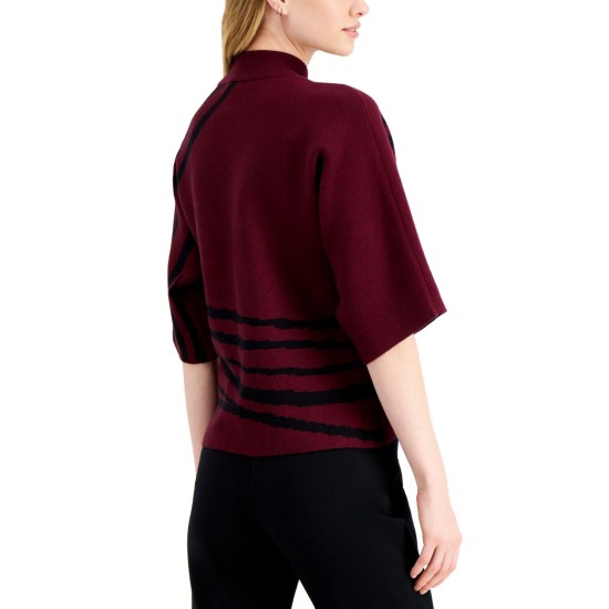  Kimono-Print Sweater, Plum Heather/Black, Medium