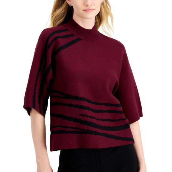  Kimono-Print Sweater, Plum Heather/Black, Small