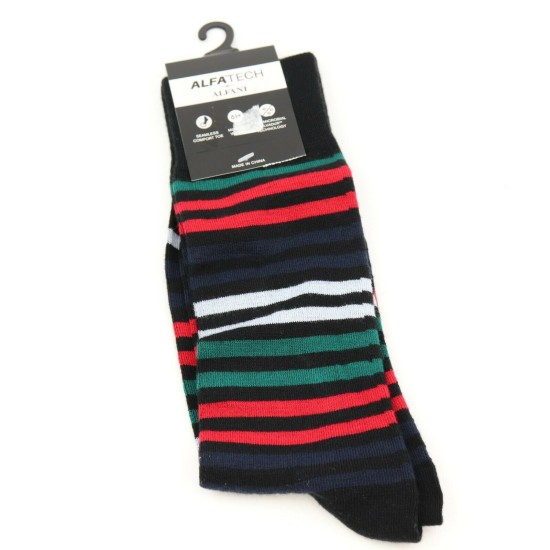  Mens Alfatech Horizontal Stripe Dress Socks, Black/ Red, 7-12