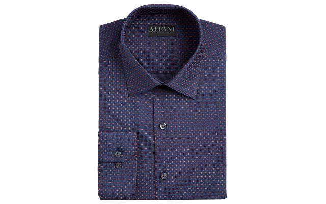  Men’s AlfaTech Slim-Fit Stretch Geo-Print Dress Shirt (Navy Red, 14-14.5/32-33