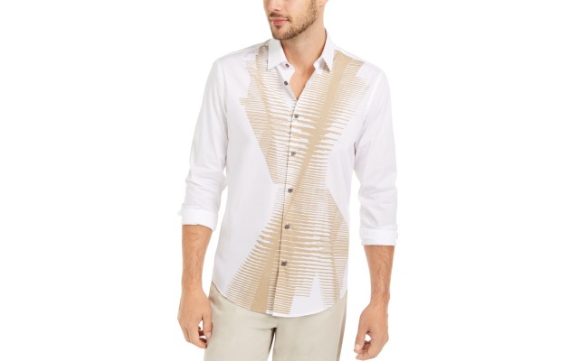  Men’s Classic-Fit Abstract Line-Print Shirts, White, X-Large
