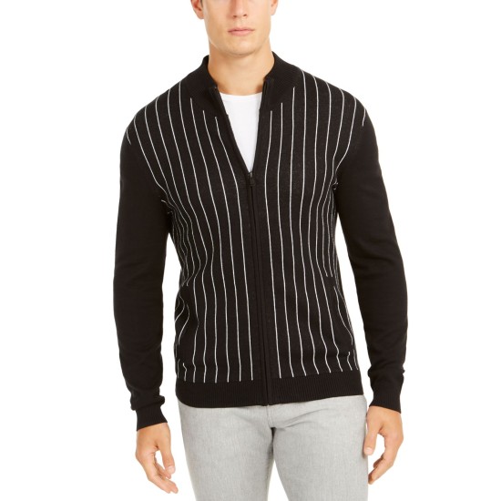  Men’s Classic-Fit Vertical Stripe Full-Zip Cardigan (Black, L)