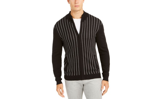  Men’s Classic-Fit Vertical Stripe Full-Zip Cardigan (Black, L)