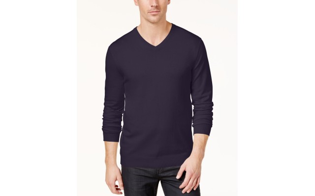  Men's Emerald Rib Trim Pullover V-Neck Sweaters, Purple, Medium