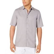 Alfani Men’s Lagoon Stretch Linen Blend Classic Fit Shirt (Gray, S)