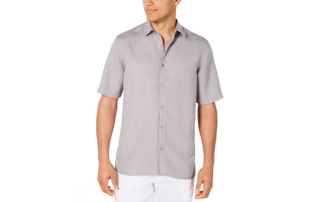  Men’s Lagoon Stretch Linen Blend Classic Fit Shirt (Gray, S)