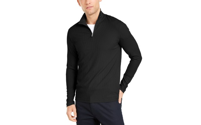  Men’s Lightweight Ribbed Quarter-Zip Pullover, Black, M