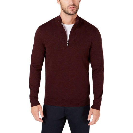  Men's Quarter-Zip Ribbed Placket Sweater, Dark Red, Large