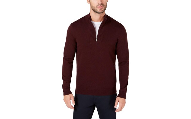  Men's Quarter-Zip Ribbed Placket Sweater, Dark Red, Large