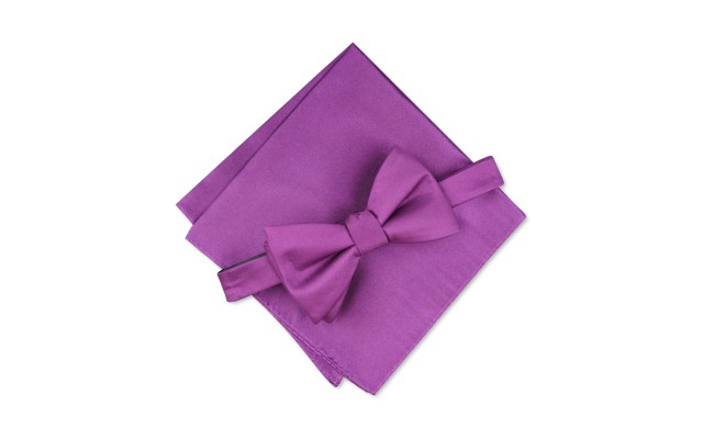  Mens Satin Pocket Square Bow Tie (Dark Purple)