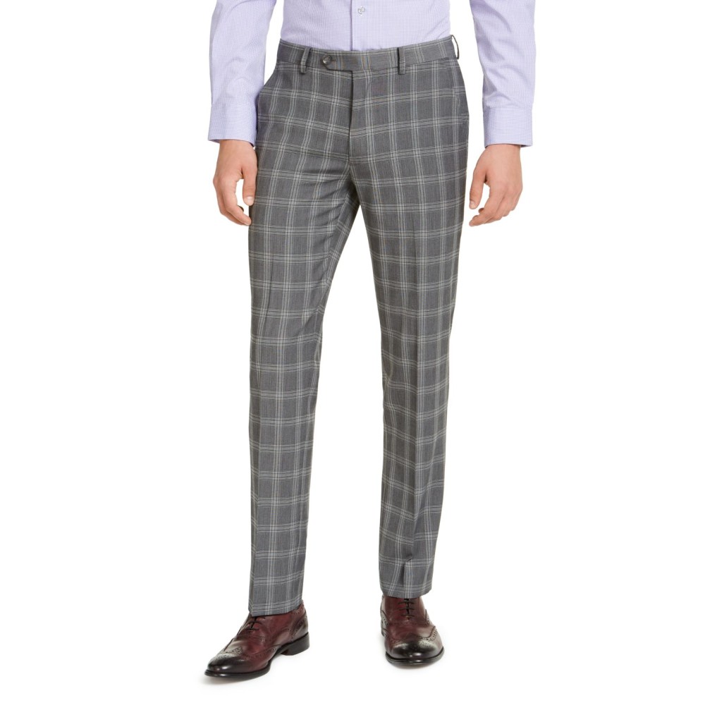 Alfani Men’s Slim-Fit Stretch Gray Plaid Suit Pants (Gray, 32X32)