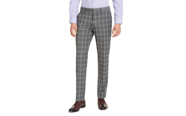  Men’s Slim-Fit Stretch Gray Plaid Suit Pants (Gray, 32X32)