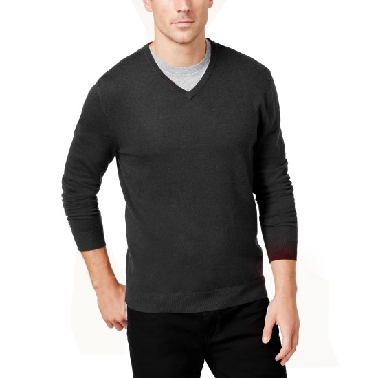  Men’s Solid V-Neck Cotton Sweater, Black, Large