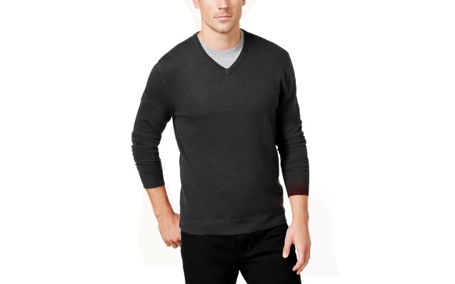  Men’s Solid V-Neck Cotton Sweater, Black, Small