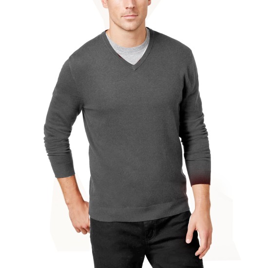  Men’s Solid V-Neck Cotton Sweater, Dark Gray, Large