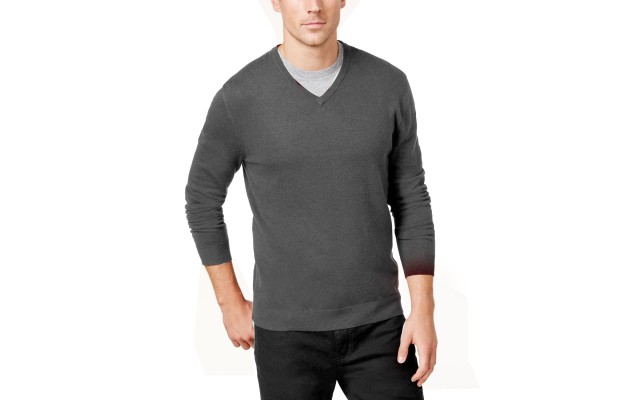  Men’s Solid V-Neck Cotton Sweater, Dark Gray, Medium