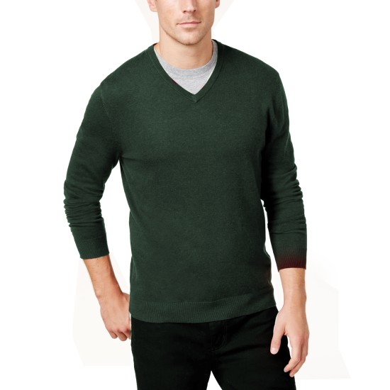  Men’s Solid V-Neck Cotton Sweater, Dark Green, Small