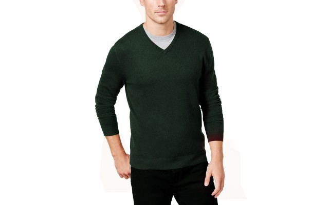  Men’s Solid V-Neck Cotton Sweater (Green, XL)